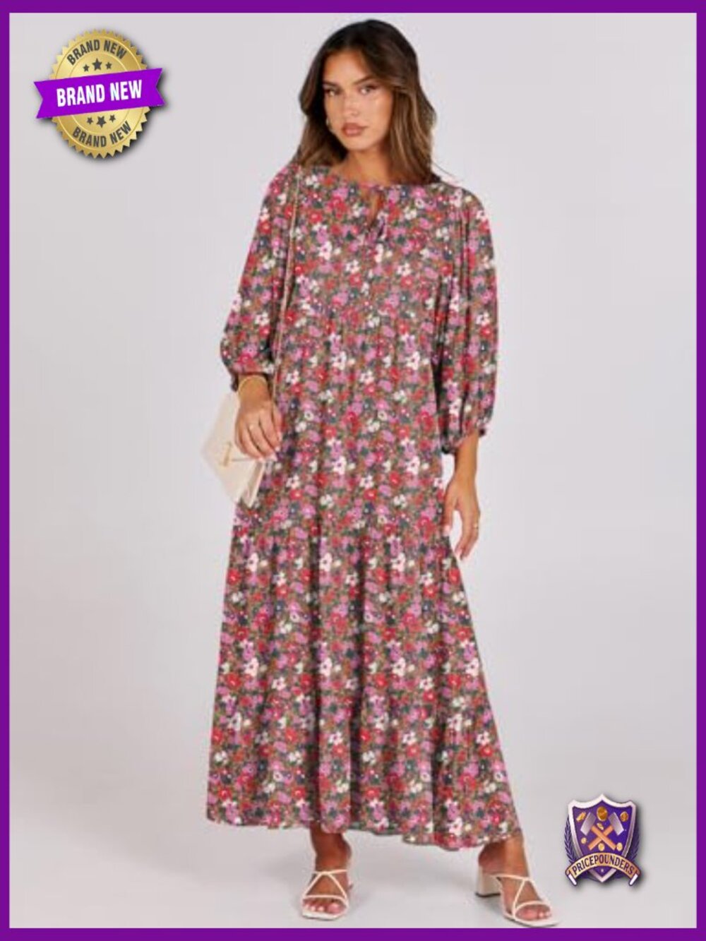 Boho V Neck Puff Sleeve Maxi Dress Flowy Tiered Ruffle - Picture 6 of 7